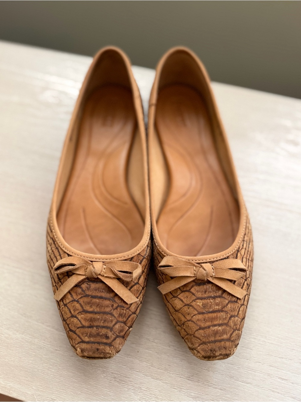 Born Carri Ballet Flats - Cork Snake Embossed Bow Comfort Tan Timeless Old Money